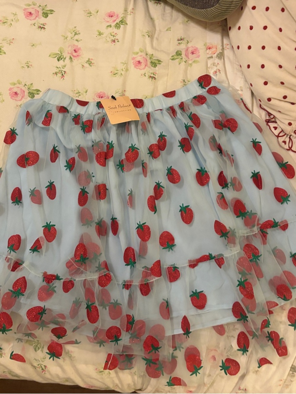 Light Blue Strawberry Print Tiered Tulle Skirt Smak Parlour for Unique Vintage